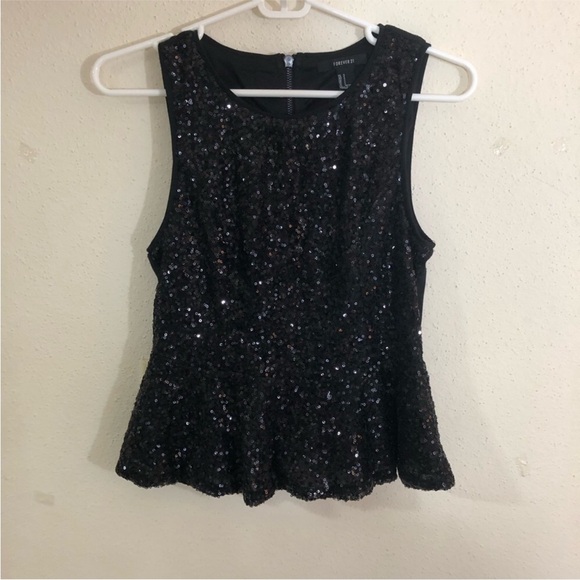 Forever 21 Women Black Sequins Peplum Top. Size S Scoop Neck Sleeveless Sparkle - Picture 1 of 9